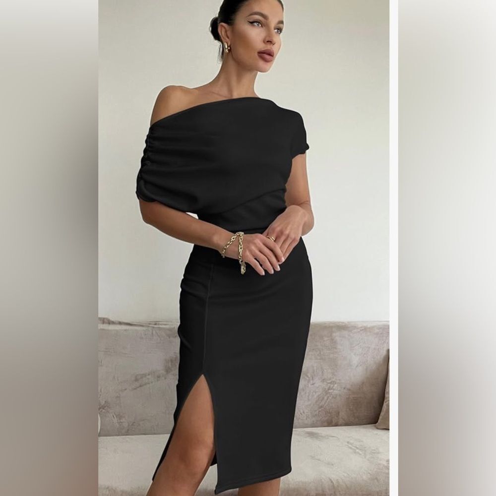 Memoriesea Women's Elegant Off Shoulder Split Hem Ruched Midi Club Party Dress l